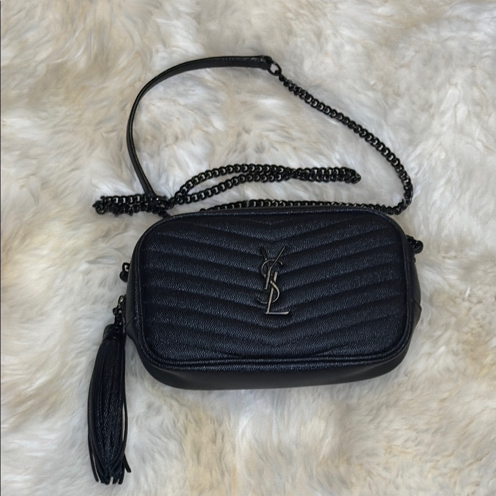 Yves Saint Laurent Lou Mini YSL Camera Bag - Black Pebbled & Quilted Leather